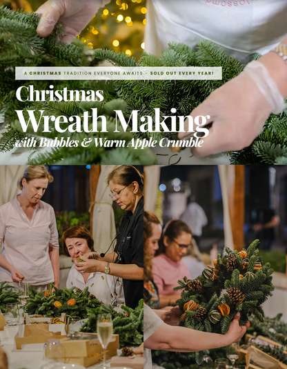 Christmas Wreath Making Workshop banner with pine wreath materials, prosecco and guests crafting wreaths at a beautiful outdoor location, Bounty Beets, Dubai