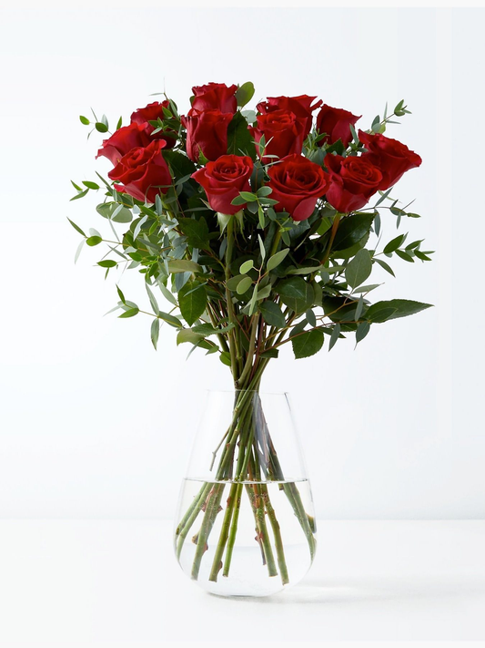 12 Red Roses with Eucalyptus in Vase - CherryBlossomDubai.ae